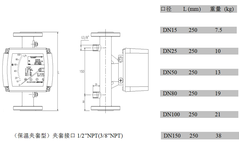 金屬管浮子流量計夾套型外形尺寸及重量 金屬管浮子流量計夾套型外形尺寸及重量